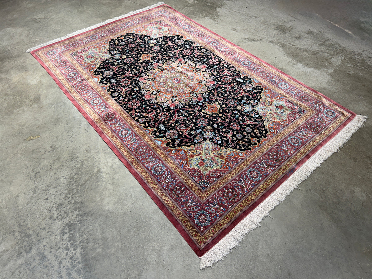 Luxurious Hand-Knotted Silk Persian Qum Rug - Signed Naimi - 4’2”x6’5”