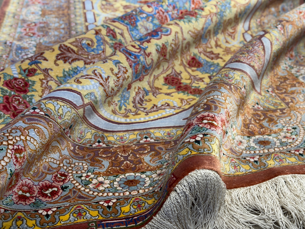 Luxurious Hand-Knotted Silk Persian Qum Rug - Signed Bakhtiar - 3’4”x4’11”