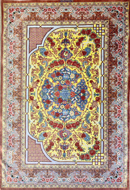 Luxurious Hand-Knotted Silk Persian Qum Rug - Signed Bakhtiar - 3’4”x4’11”
