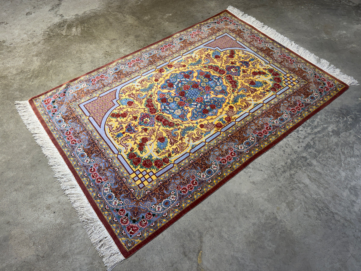 Luxurious Hand-Knotted Silk Persian Qum Rug - Signed Bakhtiar - 3’4”x4’11”
