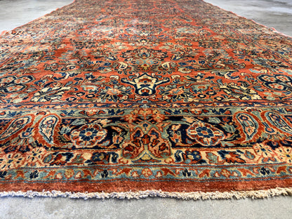 6'x13'4" Antique Hand-knotted Wool Sarouk Runner Rug - Handmade Red 6x13