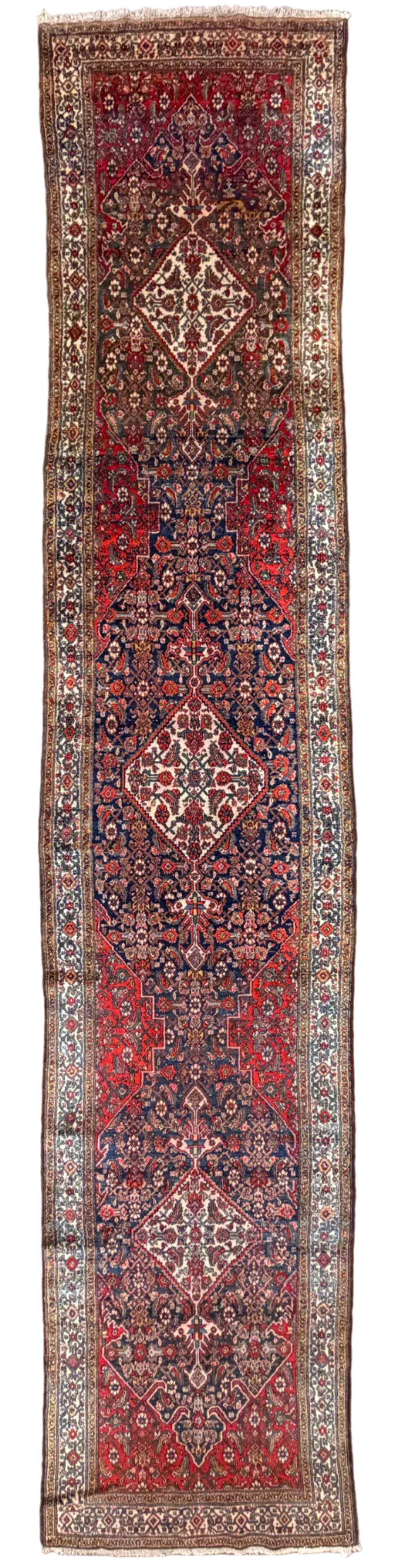 Antique Hand-Knotted Hamadan Runner - 3'5"x17'3" - 3x17 - red bronze navy blue orange