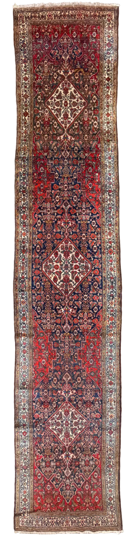 Antique Hand-Knotted Hamadan Runner - 3'5"x17'3" - 3x17 - red bronze navy blue orange