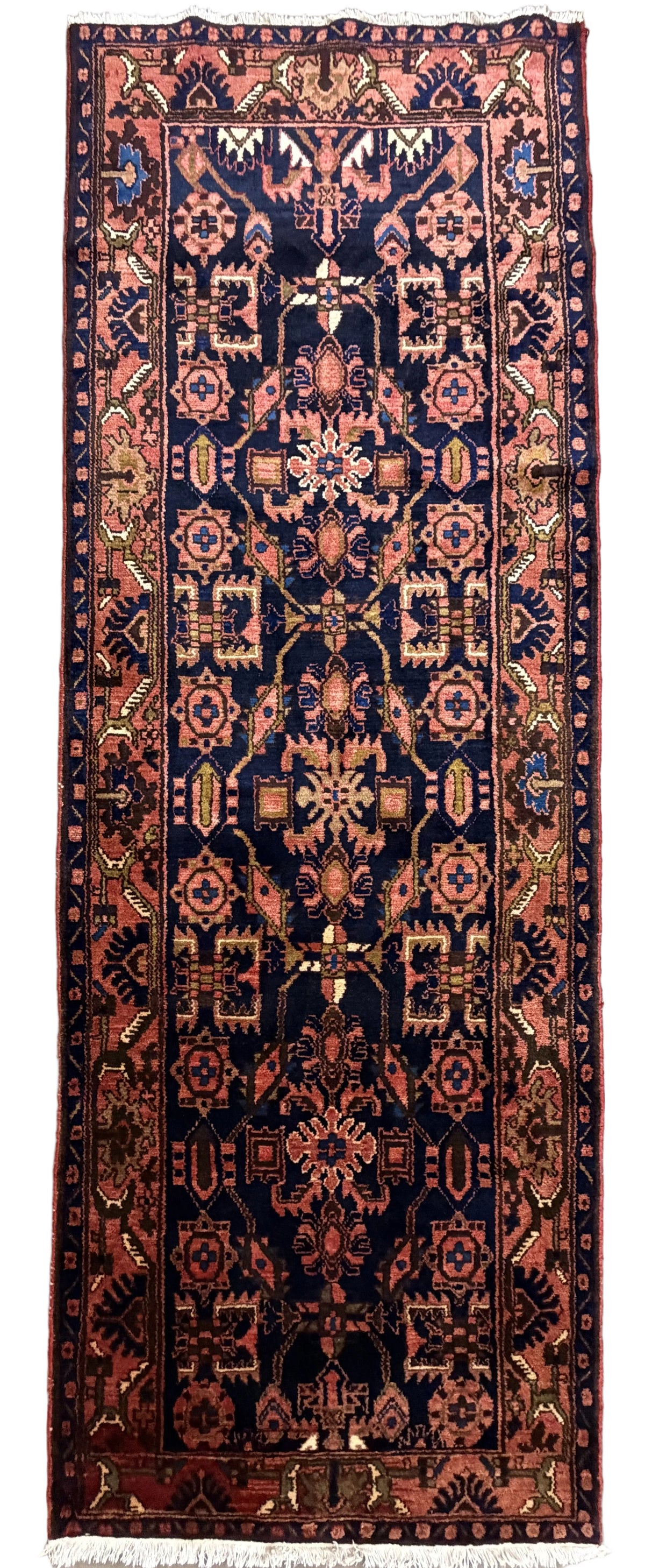 Antique Hand-Knotted Malayer Runner - 3'5"x9'9" - 4x10 - 3x10 - Salmon pink navy blue