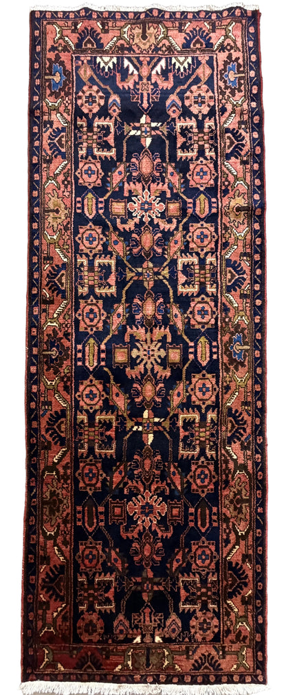 Antique Hand-Knotted Malayer Runner - 3'5"x9'9" - 4x10 - 3x10 - Salmon pink navy blue