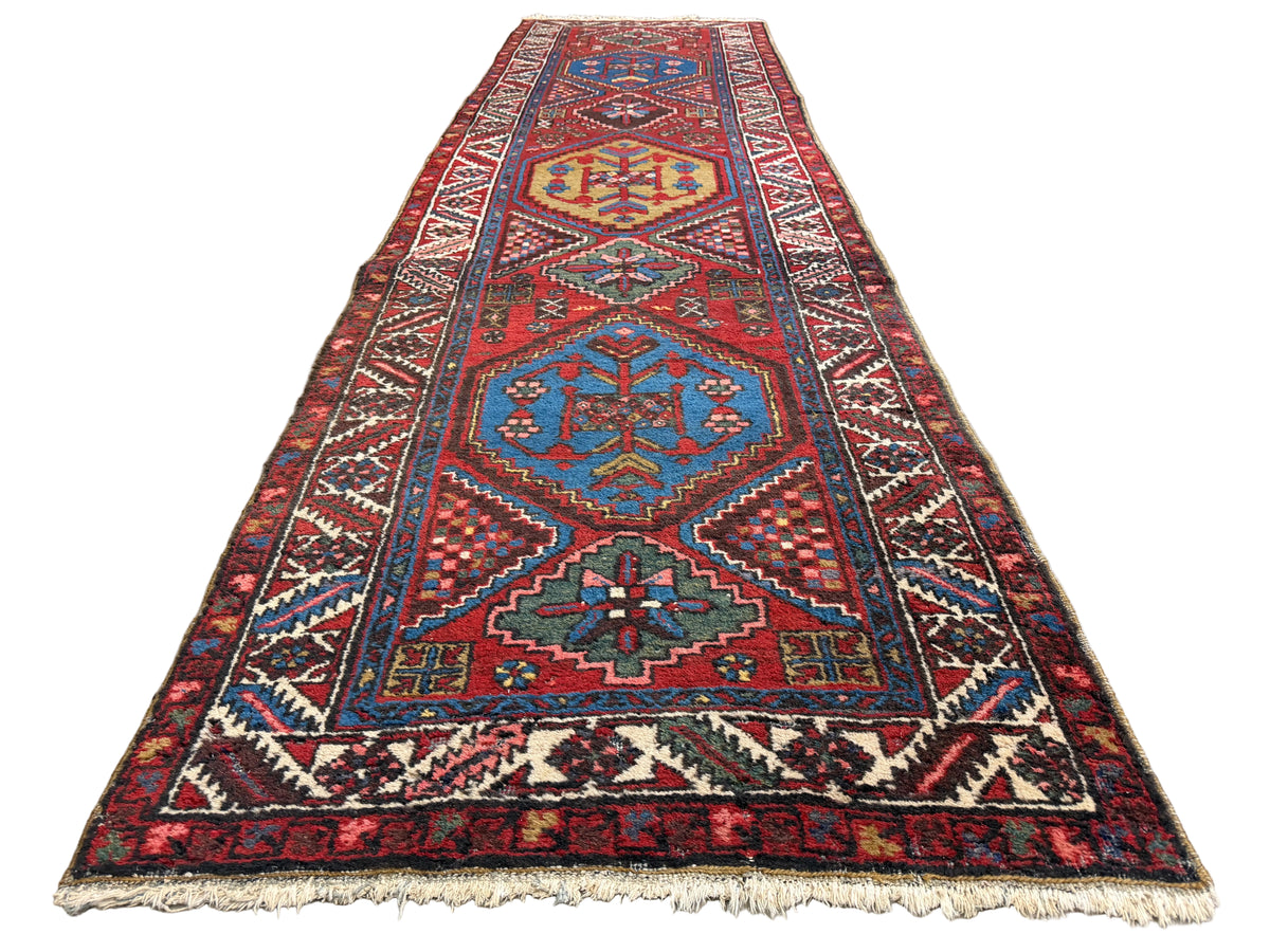 Antique Hand-Knotted Heriz Runner - 2'11"x10'10" - 3x11 - bronze - red orange blue
