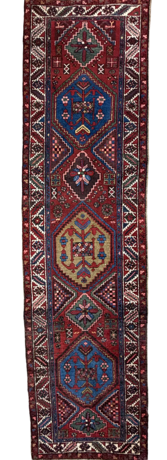 Antique Hand-Knotted Heriz Runner - 2'11"x10'10" - 3x11 - bronze - red orange blue