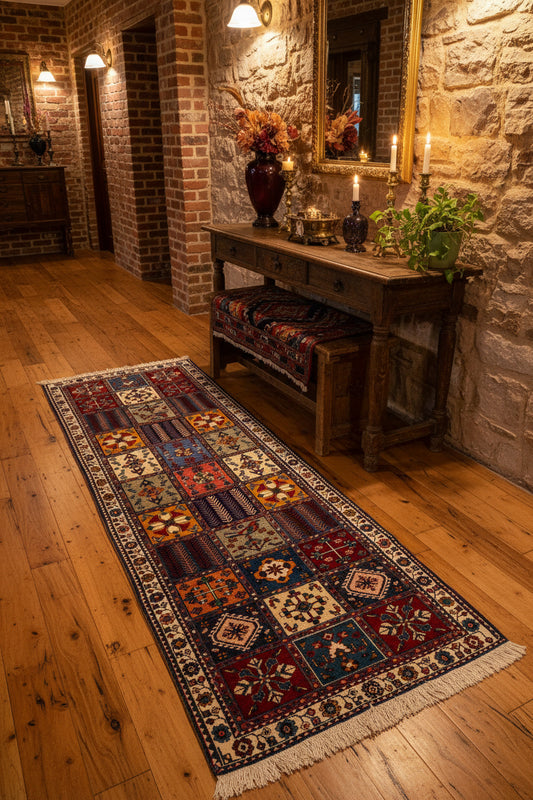 Hand-Knotted Yalameh Runner - 3'5"x9'10" - 3x10 - tribal - blue red yellow gold tribal