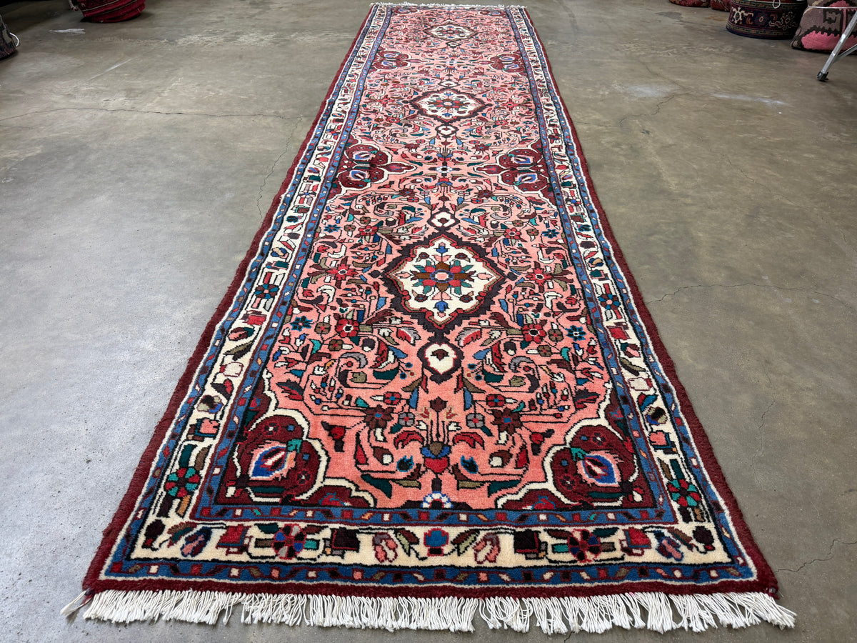 Hand-Knotted Hamadan Runner - 2'9"x10' - 3x10 runner pink salmon tribal floral