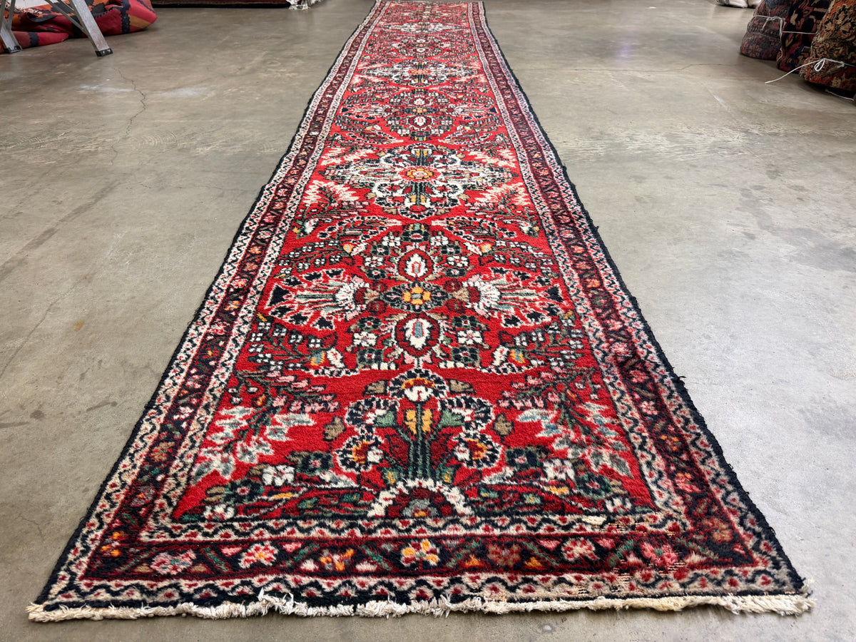 Antique Hand-Knotted Sarouk Runner - 2'7"x16'8" - 3x17 - 2x17 - 3x16 - 2x16 - red orange - bronze Terracotta
