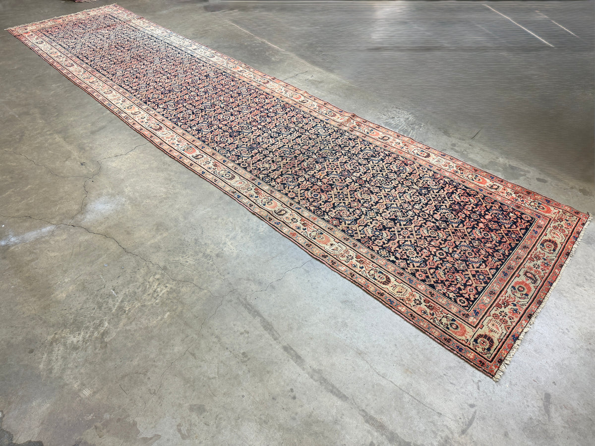 Hand-Knotted Sarouk Farahan Runner - navy and pink - 3'9"x15'10"