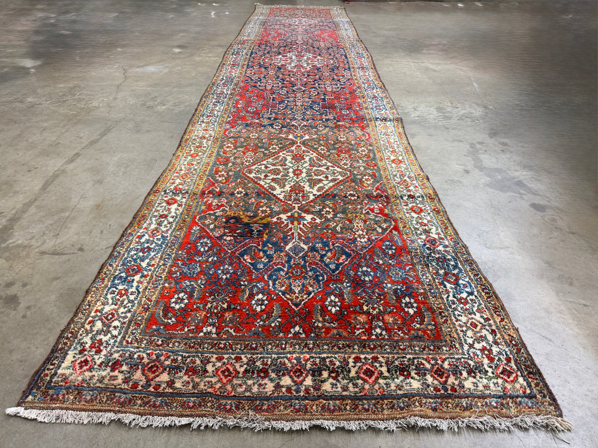 Antique Hand-Knotted Hamadan Runner - 3'5"x17'3"