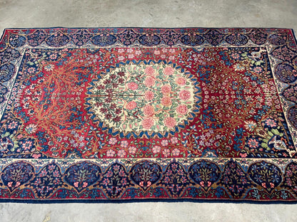 4'4"x7'6" Antique Hand-Knotted Wool Kashane Area Rug - Handmade Carpet 4x7 Red