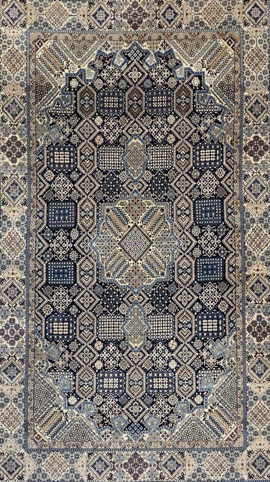 5’2”x8’9” Hand-Knotted Fine Wool & Silk Naine Area Rug - Beige & Blue Geometric