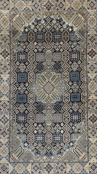 5’2”x8’9” Hand-Knotted Fine Wool & Silk Naine Area Rug - Beige & Blue Geometric