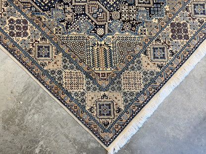 5’2”x8’9” Hand-Knotted Fine Wool & Silk Naine Area Rug - Beige & Blue Geometric