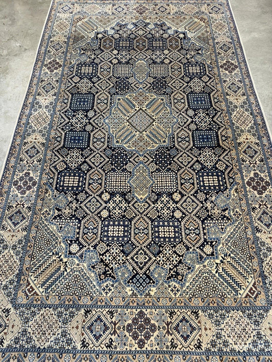 5’2”x8’9” Hand-Knotted Fine Wool & Silk Naine Area Rug - Beige & Blue Geometric