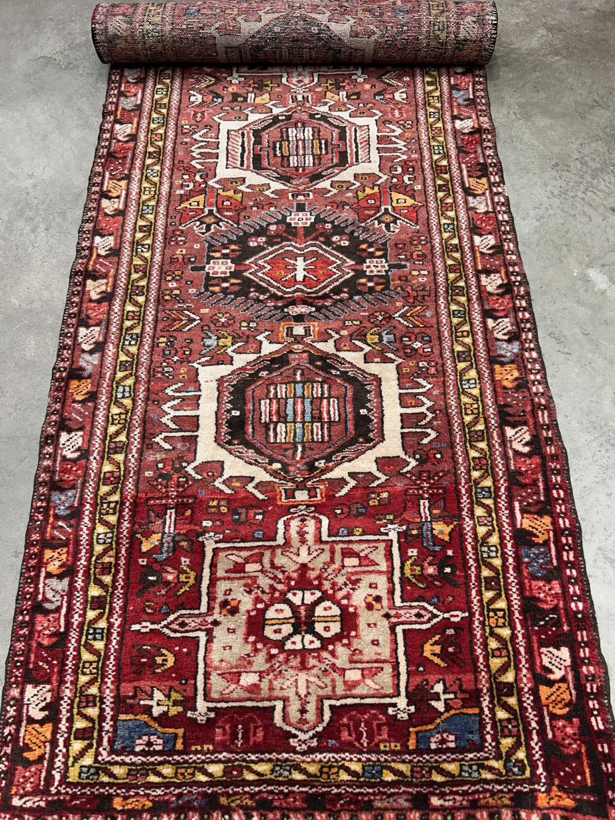 3'3”x12’2” Antique Hand-knotted Wool Herize Runner Rug - Handmade Red 3x12