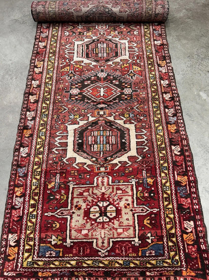 3'3”x12’2” Antique Hand-knotted Wool Herize Runner Rug - Handmade Red 3x12