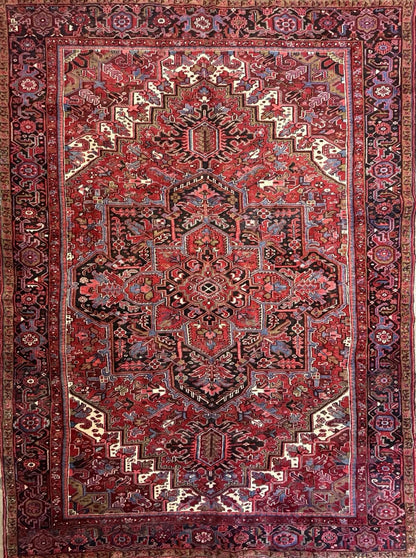 9'7"x13' Vintage Hand-Knotted Herize Rug Antique Handmade Red Oriental Geometric