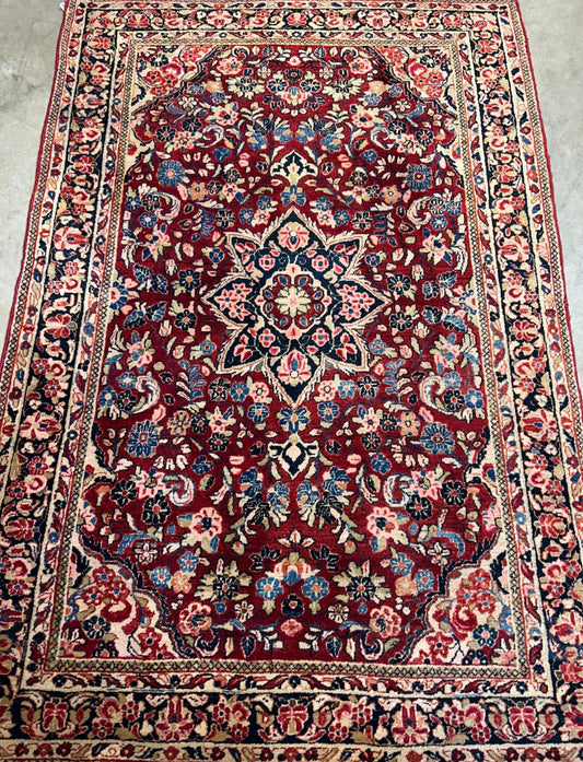 4'3"x6'4" Antique Hand-knotted Wool Sarouke Area Rug - Handmade Red 4x6 Carpet
