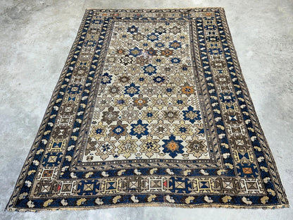 3'9"x5' Antique Hand-knotted Wool Caucasian Area Rug - Handmade 4x5 Carpet