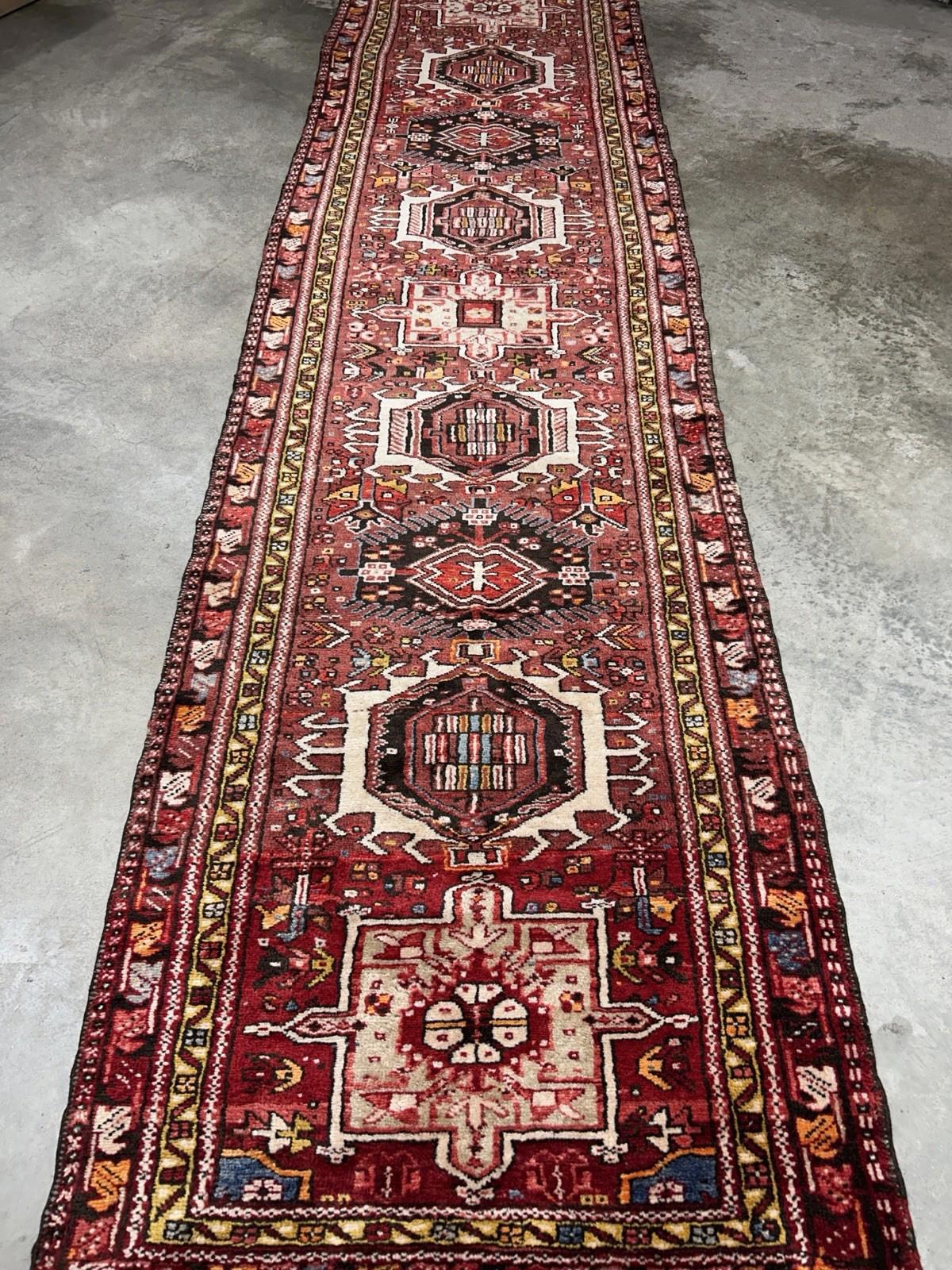 3'3”x12’2” Antique Hand-knotted Wool Herize Runner Rug - Handmade Red 3x12