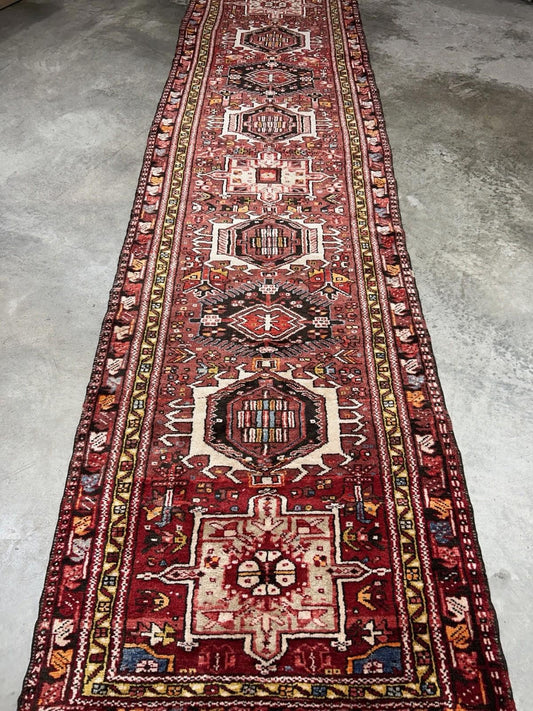 3'3”x12’2” Antique Hand-knotted Wool Herize Runner Rug - Handmade Red 3x12