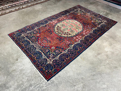 4'4"x7'6" Antique Hand-Knotted Wool Kashane Area Rug - Handmade Carpet 4x7 Red