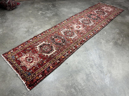 3'3”x12’2” Antique Hand-knotted Wool Herize Runner Rug - Handmade Red 3x12