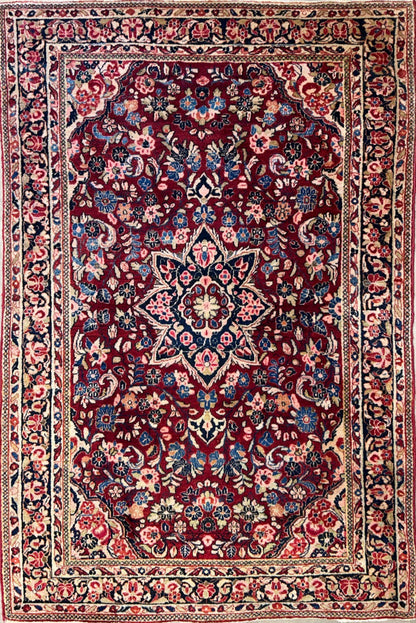 4'3"x6'4" Antique Hand-knotted Wool Sarouke Area Rug - Handmade Red 4x6 Carpet