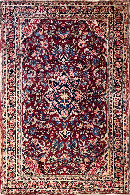 4'3"x6'4" Antique Hand-knotted Wool Sarouke Area Rug - Handmade Red 4x6 Carpet