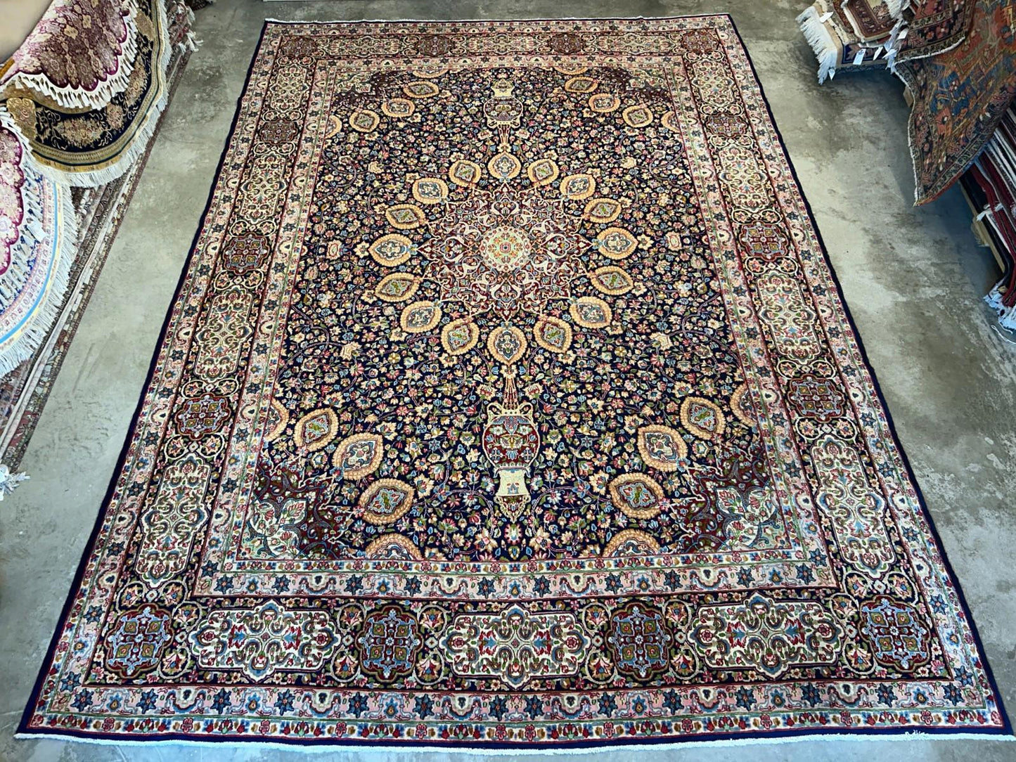 11'1"x15'10" Semi-Antique Hand-Knotted Handmade Kashmare Persiane Rug Navy Blue