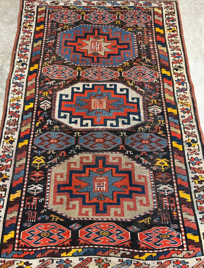 4'4"x6'4" Antique Hand-knotted Wool Geometric Caucasian Area Rug - Russian 4x6