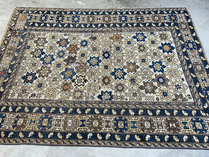 3'9"x5' Antique Hand-knotted Wool Caucasian Area Rug - Handmade 4x5 Carpet