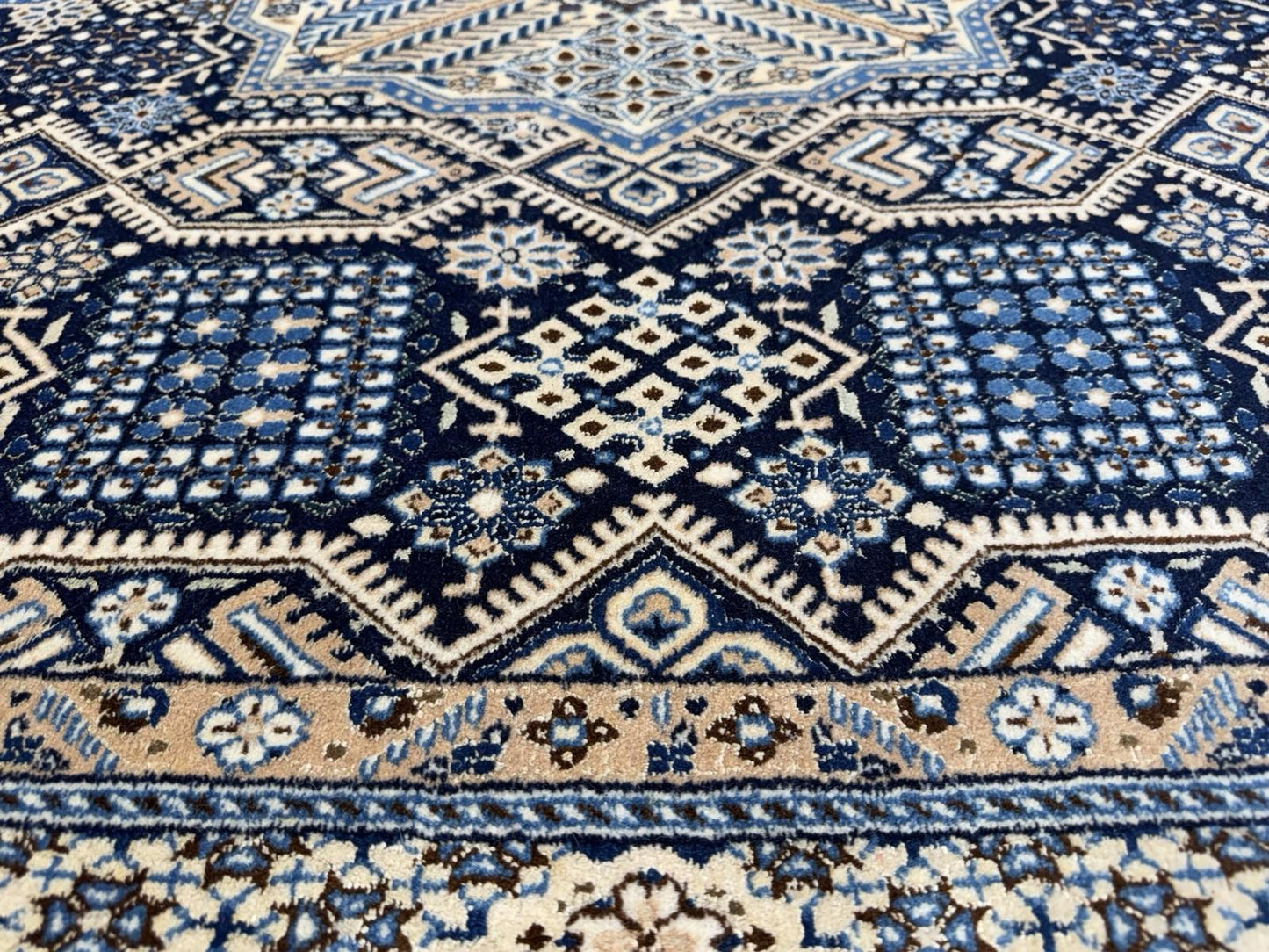 5’2”x8’9” Hand-Knotted Fine Wool & Silk Naine Area Rug - Beige & Blue Geometric