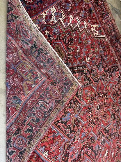 9'7"x13' Vintage Hand-Knotted Herize Rug Antique Handmade Red Oriental Geometric