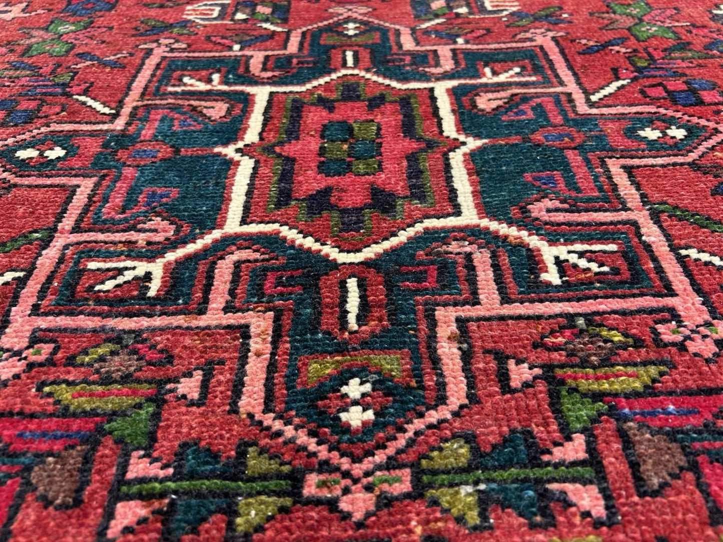 4’3”x14’1” Antique Hand-knotted Wool Herize Runner Rug - Handmade Red 4x14