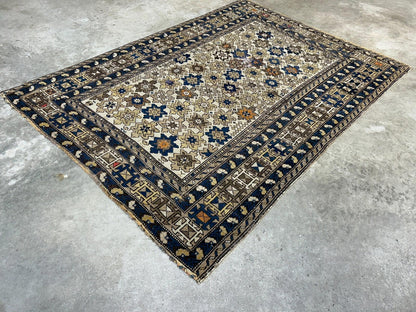 3'9"x5' Antique Hand-knotted Wool Caucasian Area Rug - Handmade 4x5 Carpet