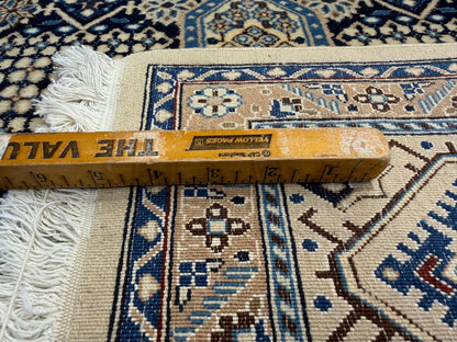 5’2”x8’9” Hand-Knotted Fine Wool & Silk Naine Area Rug - Beige & Blue Geometric