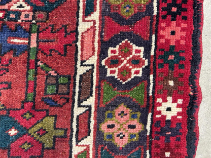 4’3”x14’1” Antique Hand-knotted Wool Herize Runner Rug - Handmade Red 4x14