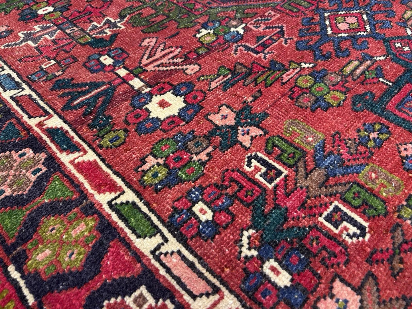 4’3”x14’1” Antique Hand-knotted Wool Herize Runner Rug - Handmade Red 4x14