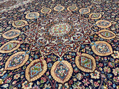 11'1"x15'10" Semi-Antique Hand-Knotted Handmade Kashmare Persiane Rug Navy Blue