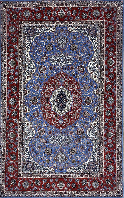 4’6”x7’9” Hand-Knotted Fine Wool & Silk Isfahane Area Rug - Blue 4x8