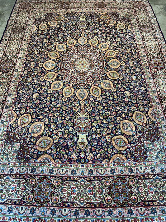 11'1"x15'10" Semi-Antique Hand-Knotted Handmade Kashmare Persiane Rug Navy Blue