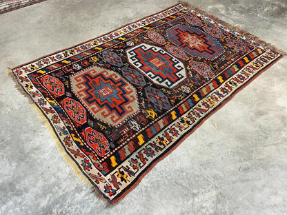 4'4"x6'4" Antique Hand-knotted Wool Geometric Caucasian Area Rug - Russian 4x6