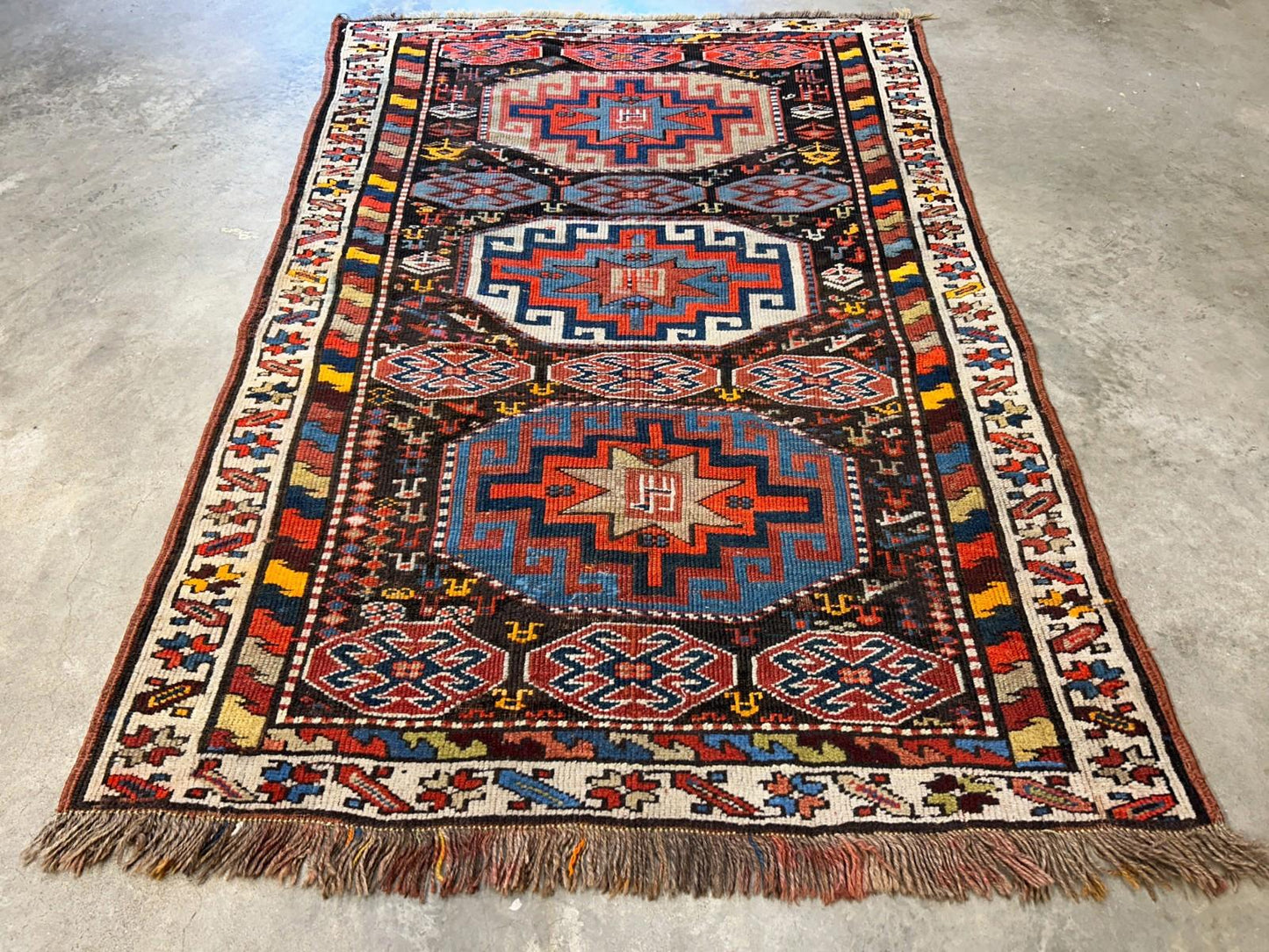 4'4"x6'4" Antique Hand-knotted Wool Geometric Caucasian Area Rug - Russian 4x6