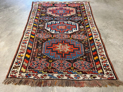 4'4"x6'4" Antique Hand-knotted Wool Geometric Caucasian Area Rug - Russian 4x6