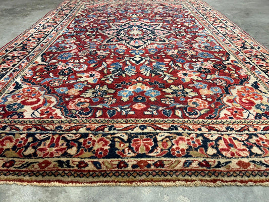 4'3"x6'4" Antique Hand-knotted Wool Sarouk Area Rug - Handmade Red 4x6 Carpet