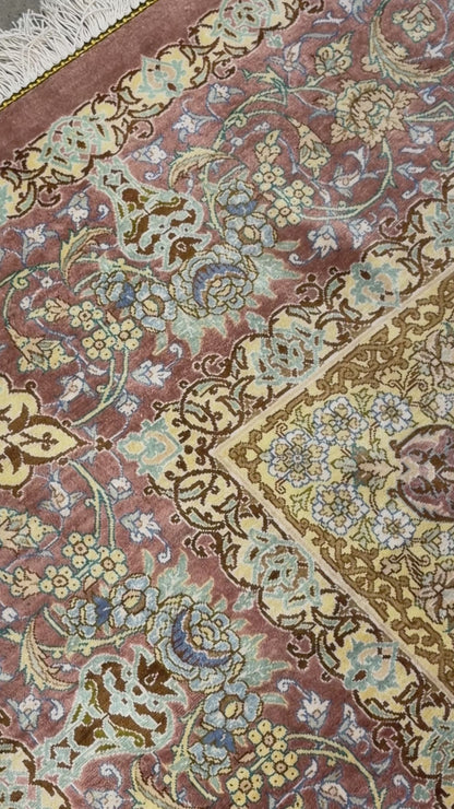 Luxurious Hand-Knotted Silk Persian Qum Rug - Signed Ahadi - 4’6”x6’10”